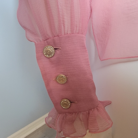 CHANEL fall 2006 runway pink ruffle blouse gold crystal logo buttons size 34 - Picture 2 of 16